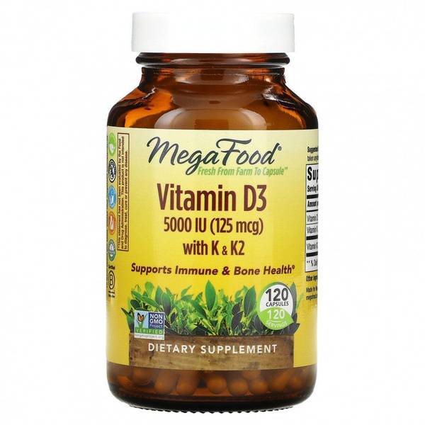 MegaFood Vitamin D3 with K & K2, 5000 IU (125 mcg), 120 Capsules