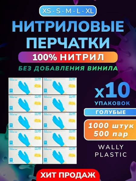 Wally Plastic Nitrile Gloves, 100% Nitrile, Disposable, Non-Powdered, Textured - 1000 pcs (500 Pairs) Blue Size M