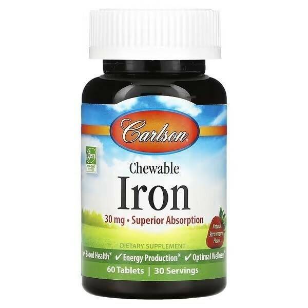 Carlson Iron Supplement, Strawberry Flavor, 30 mg, 60 Chewable Tablets