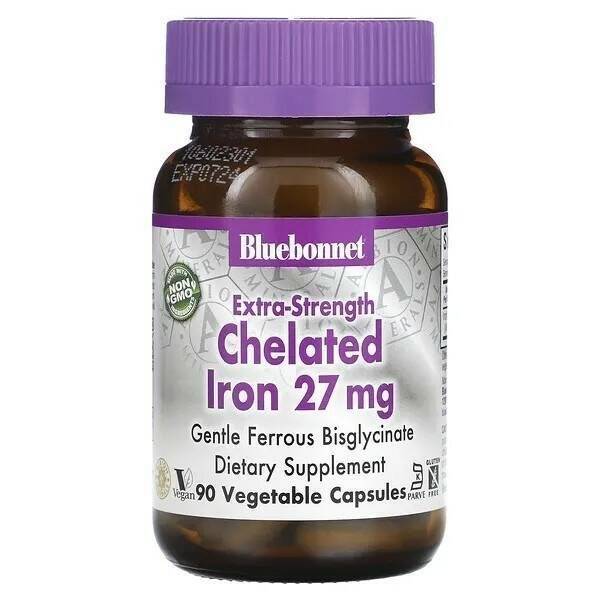 Bluebonnet Nutrition Extra-Strength Chelated Iron - 27mg, 90 Veggie Caps