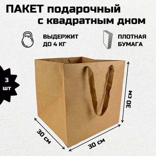 OMG Gift Kraft Paper Gift Bag 30x30x30 cm Square Bottom, 3-Pack