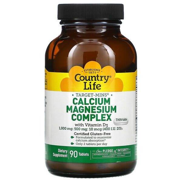 Country Life Calcium and Magnesium Dietary Supplement with Vitamin D3, 90 Tablets