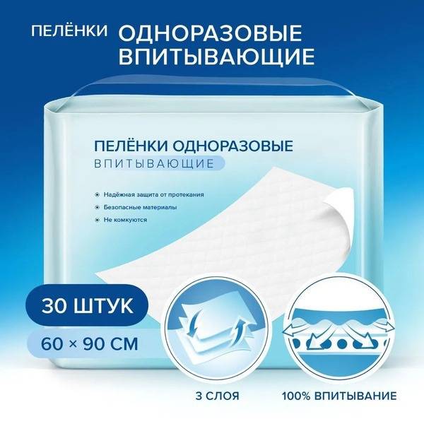 Disposable Absorbent Underpads, 90x60 cm, 30 Count