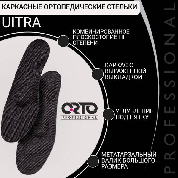 ORTO Orthopedic Arch Support Insoles for Flat Feet, Antibacterial, Size 37, Black