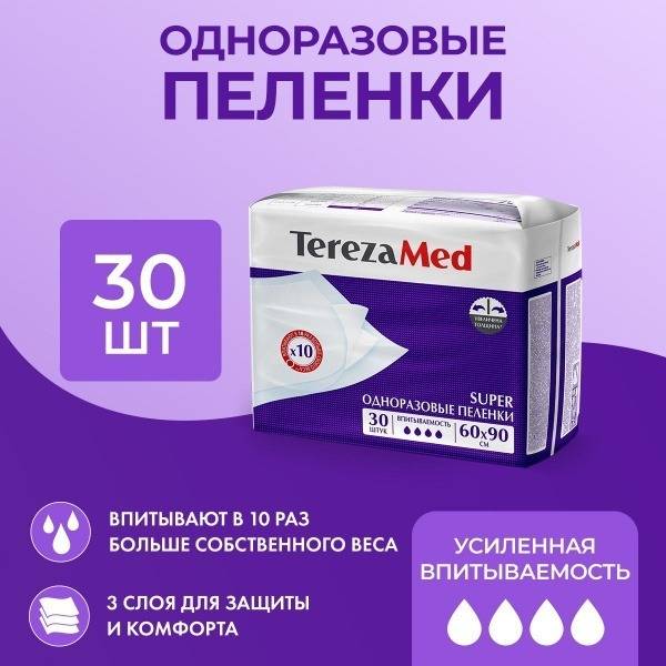 TerezaMed Super Medical Disposable Underpads, 60x90cm, 30 Count