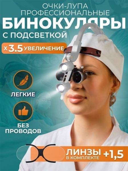 Dental Binocular Headlight with 3.5x Magnification + 1.5x & 2x Lenses, 2 Batteries, & Case
