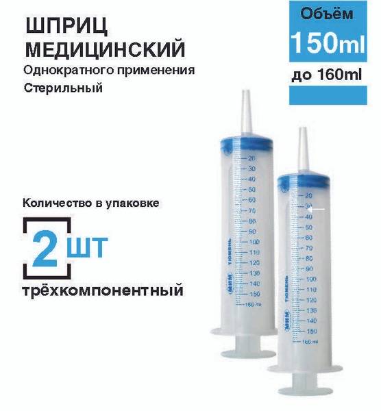 MIM Large Syringe 150 ml with Integrated Catheter Tip, Transparent, 2 per Pack