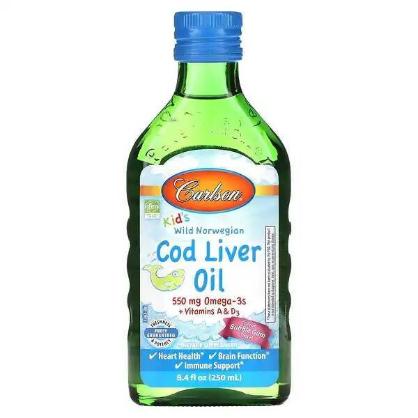 Carlson Cod Liver Oil Dietary Supplement Omega-3 Liquid Bubble Gum 250 ml