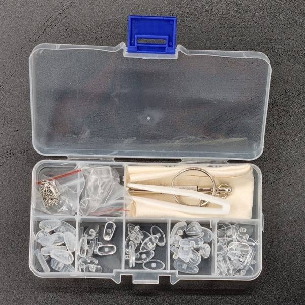 Eyeglass Repair Kit with Nose Pads, Screws, Screwdriver, Tweezers, and Storage Box