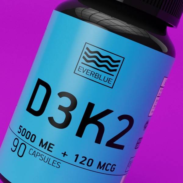 EVERBLUE Vitamin D3 5000 IU + K2 120 mcg Capsules — 90 Count