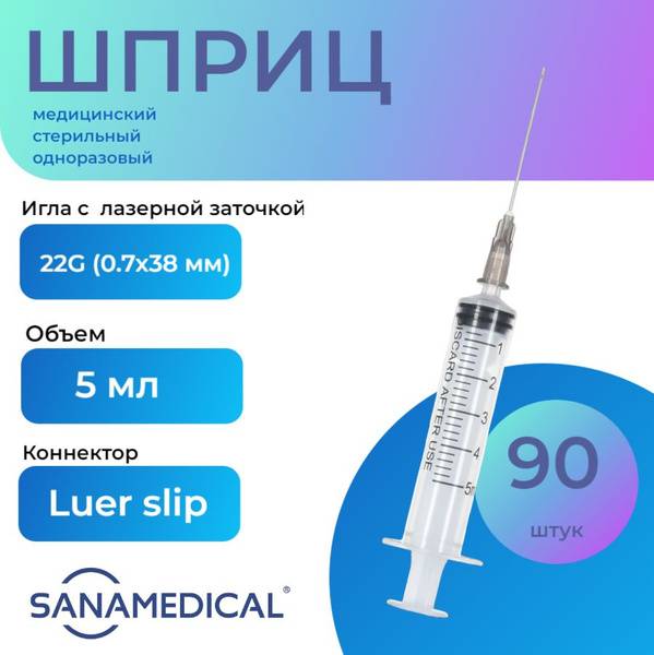 SANAMEDICAL 5ml Single-Use Medical Syringe with 22G Luer-Slip Needle (90 pcs)