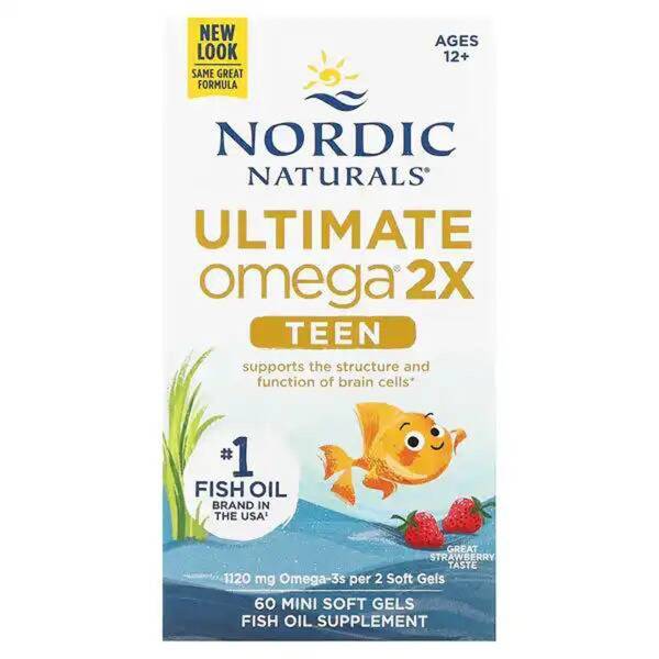 Nordic Naturals Omega-3 Fish Oil EPA/DHA Dietary Supplement for Teens 12+ Years, Strawberry, 60 Mini-Capsules