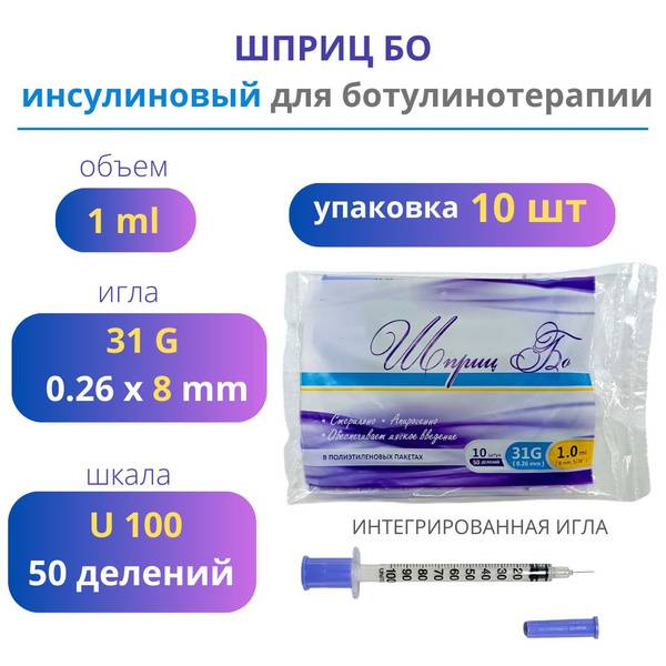 INTECH 1ml U100 Insulin Syringe with Integrated 31G 8mm Needle, 10 Count, for Botulinum Therapy