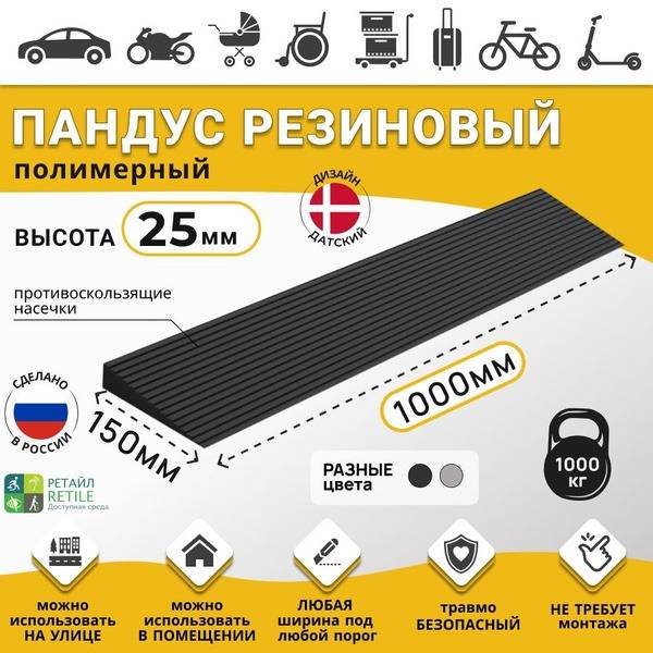 Wheelchair Ramp RUBEZH 2.5 cm Height (25x1000x150 mm), Black, for Wheelchairs, Warehouses, and Vehicles
