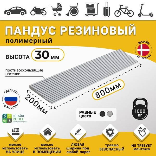 Wheelchair Ramp RUBEZH 30mm Height (30x800x200mm), Gray, for Wheelchairs, Warehouses, and Vehicles