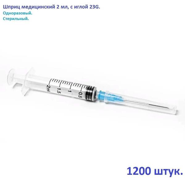 Medical Syringe 2 mL, 23G Needle, Single-Use, 1200 Pieces in Pack