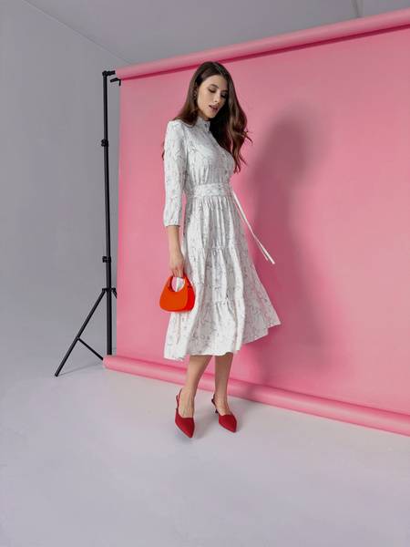 po Pogode Women's Midi Shirt-Dress Staple Cotton Blend Abstract Pattern Belt Included