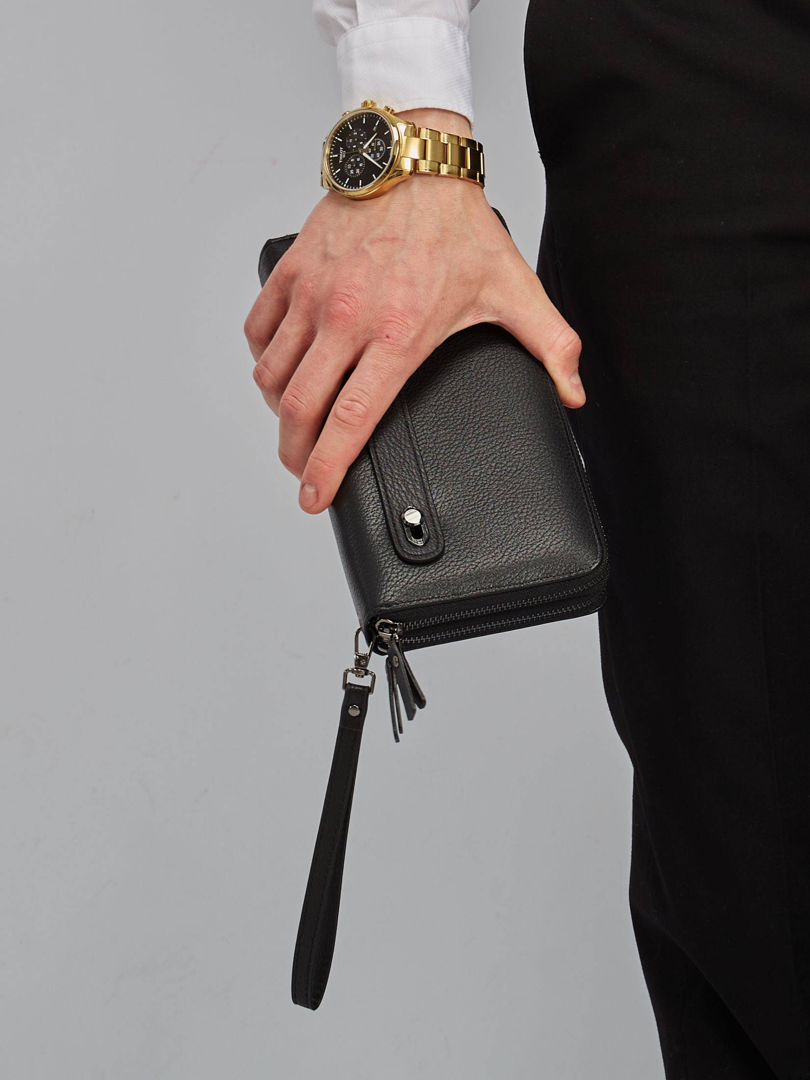 Parwani Men Bifold Wallet Deep Black Polished Natural Leather 6 Card Slots 2 Bill Compartments Zipper #14