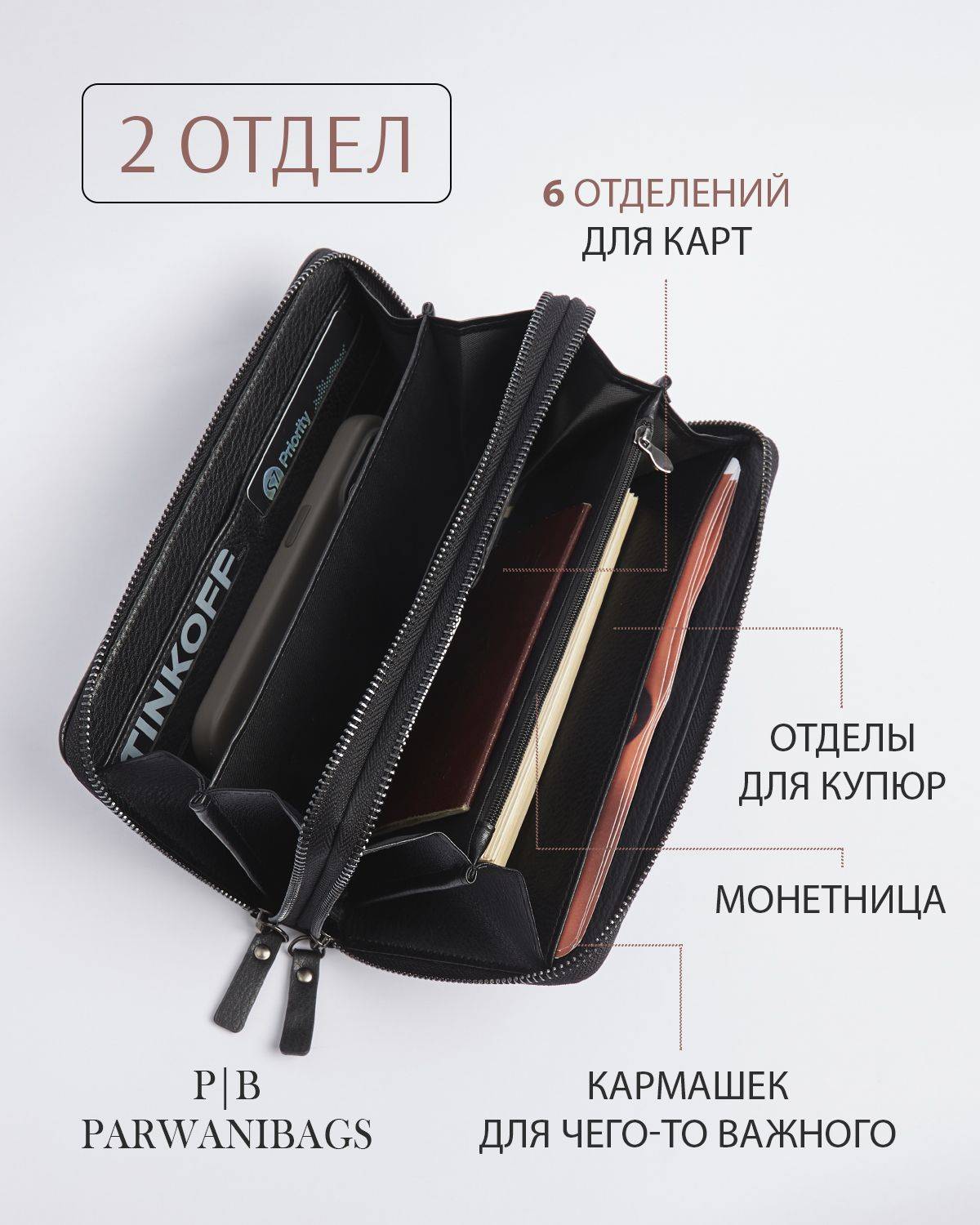 Parwani Men Bifold Wallet Deep Black Polished Natural Leather 6 Card Slots 2 Bill Compartments Zipper #5