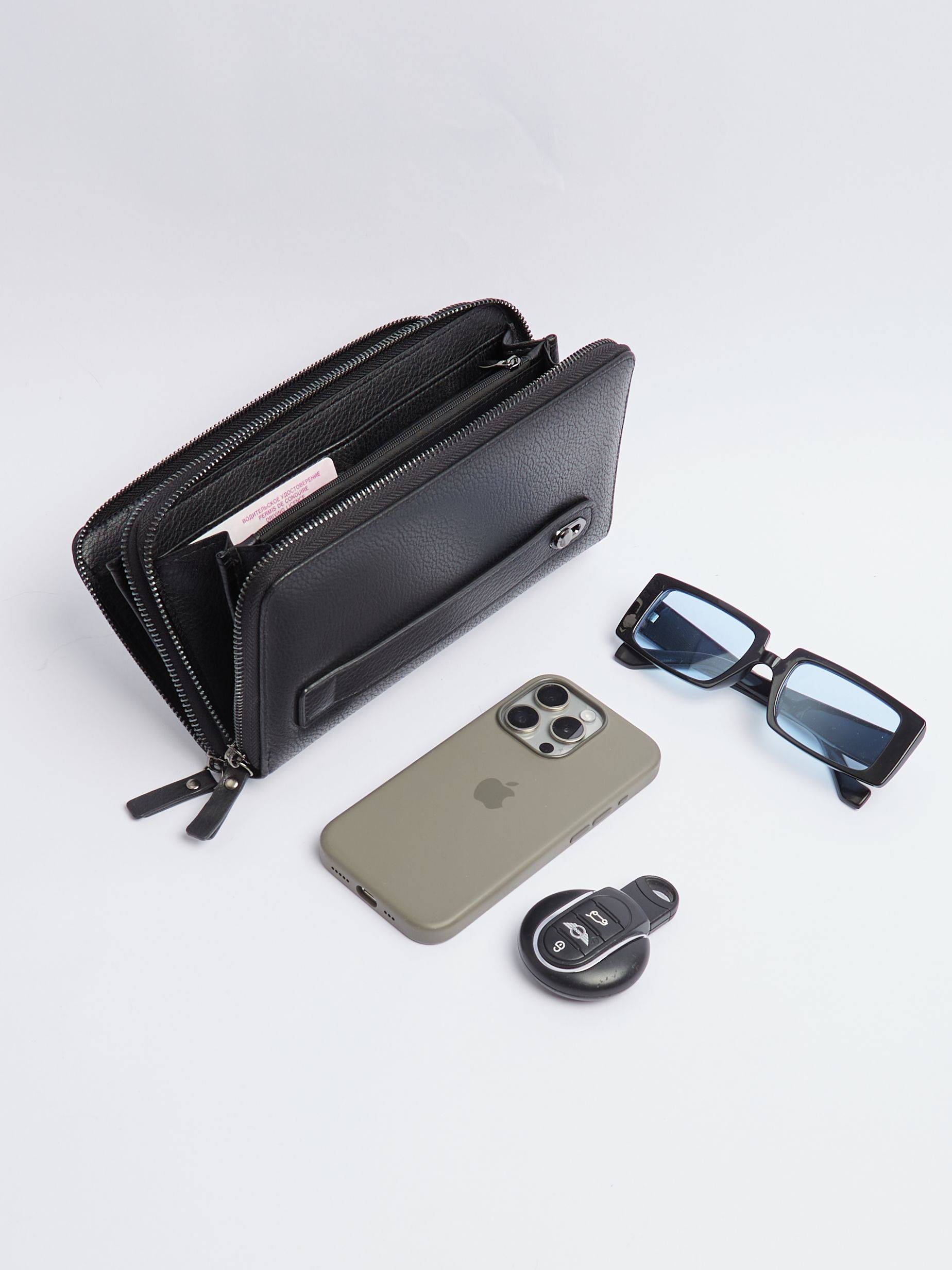 Parwani Men Bifold Wallet Deep Black Polished Natural Leather 6 Card Slots 2 Bill Compartments Zipper #9