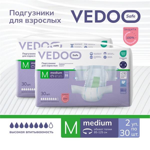 VEDOO Adult Diapers, Size M (60 Count): Heavy Duty Absorbent & Breathable, Wetness Indicator