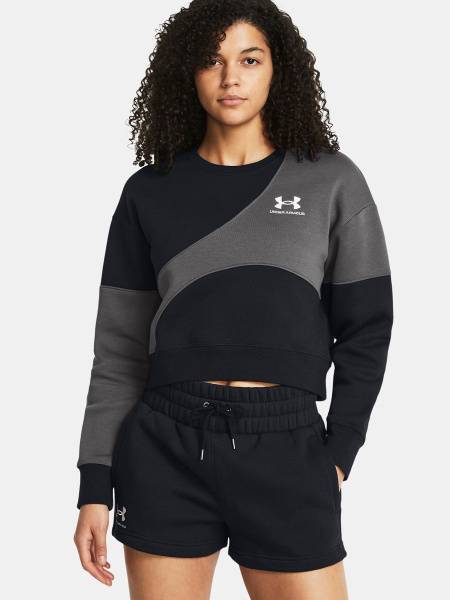 Under Armour Essential Fleece Crop Crew Sweatshirt, Women's, Black/Castlerock/White, Size