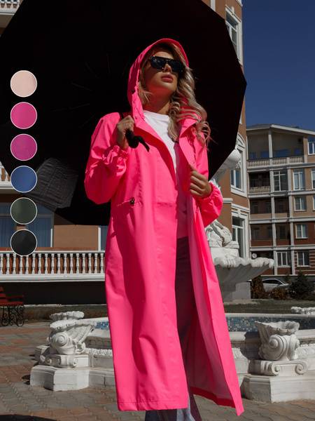Betop Women's Long Raincoat Trench - Neon Pink Demi-Season Waterproof Membrane, Oversize, Below Knee