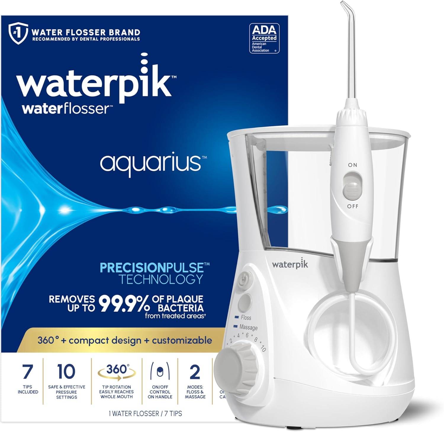 Waterpik Aquarius Water Flosser For Teeth Cleaning, Gums, Braces, Dental Care, Electric Power With 10 Settings, 7 Tips For Multiple Users And Needs, ADA Accepted, White WP-660, Packaging May Vary 1.46 Pounds