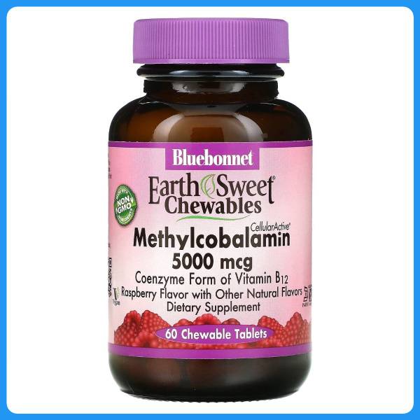 Bluebonnet Nutrition EarthSweet Vitamin B12 Methylcobalamin Chewable Tablets, Raspberry Flavor, 5000 µg, 60 Count