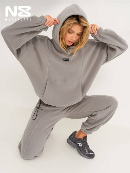 NEVERLATE Women's Fleece Sport Suit - Gray, Loose Fit, Thermal Hoodie & Jogger Set (Polyester, Casual)