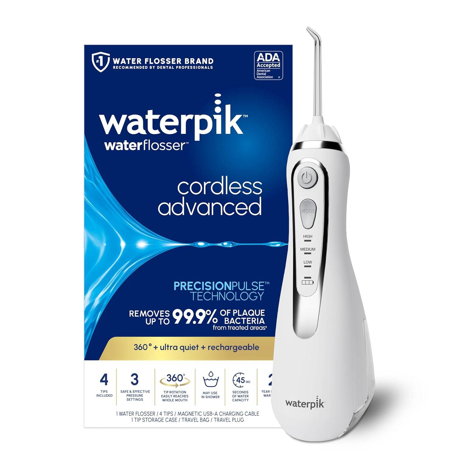 Waterpik Cordless Advanced 2.0 Water Flosser For Teeth, Gums, Braces, Dental Care With Travel Bag and 4 Tips, ADA Accepted, Rechargeable, Portable, and Waterproof, White WP-580, Packaging May Vary 0.8 Pounds