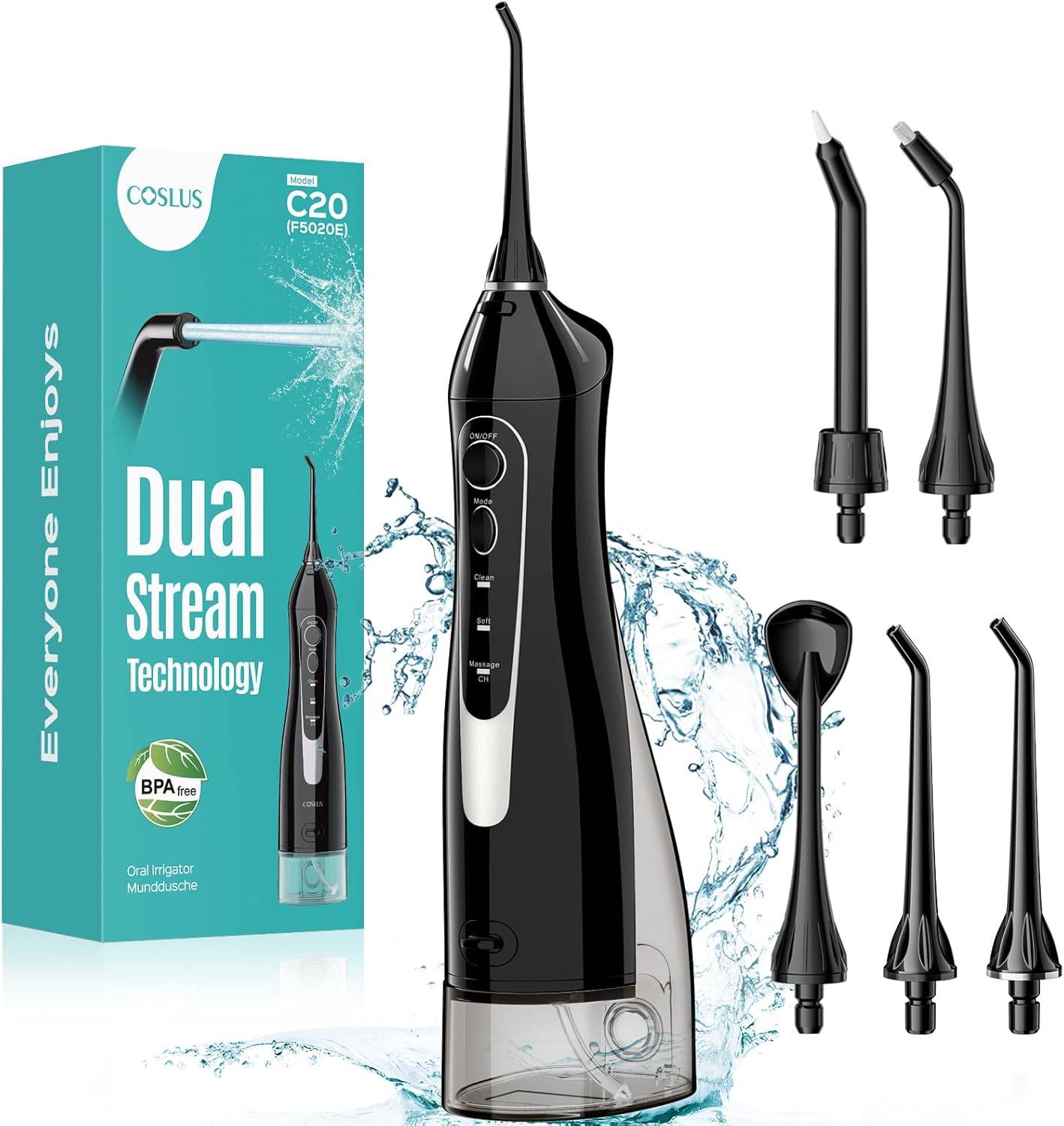 COSLUS Water Dental Flosser Teeth Pick C20: Portable Cordless Oral Irrigator 300ML Rechargeable Travel Irrigation Cleaner IPX7 Waterproof Electric Flossing Machine for Teeth Cleaning
