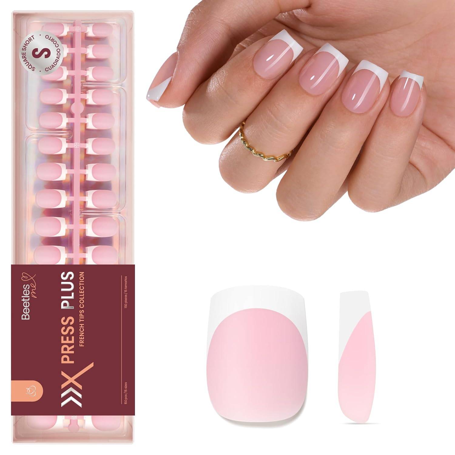 beetles Gel Polish Beetles French Tips Press On Nails: 150 Pcs Pink Short Square Press On Nails Fake Nail Tips, Soft Gel Nail False Nails Art DIY
