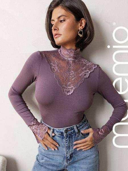 Moremio Women Bodysuit Long Sleeve Stand Collar Hooks Crocus 160-180 cm