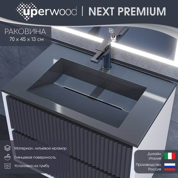 Uperwood Next Premium Sink 70 cm Glossy Gray Artificial Marble