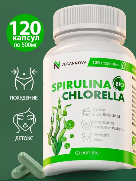 VeganNova Spirulina Chlorella Capsules, 120 Count