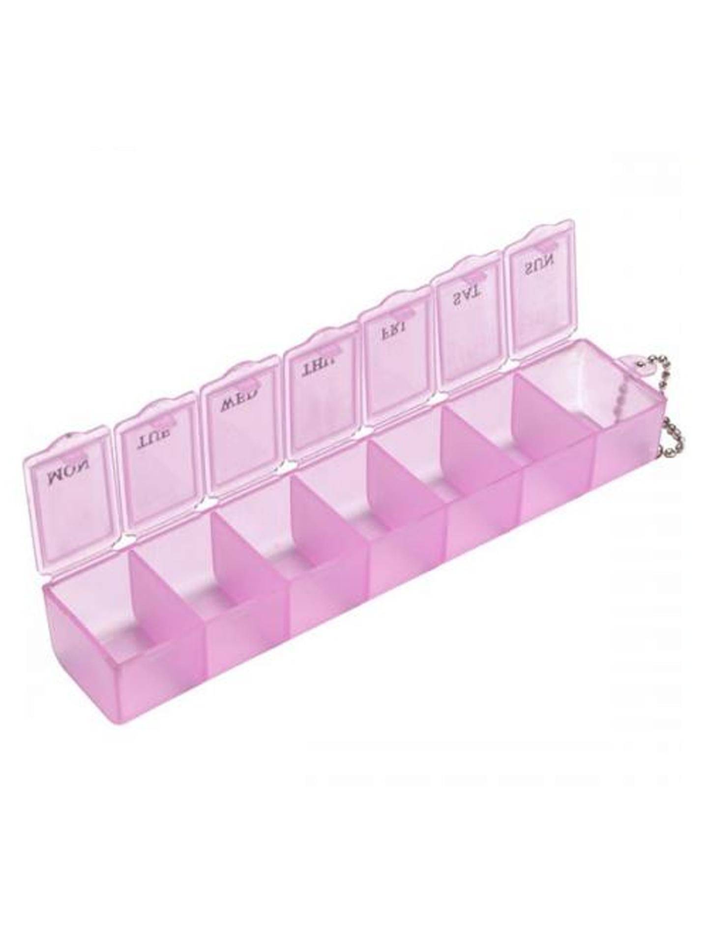 7-Day Pill Box with Day-Marked Sections — Pink Plastic and Metal Weekly Medication Organizer #3