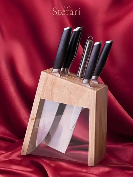 Stefari Kitchen Knife Set with Stand and Cleaver, 5-Piece, Stainless Steel