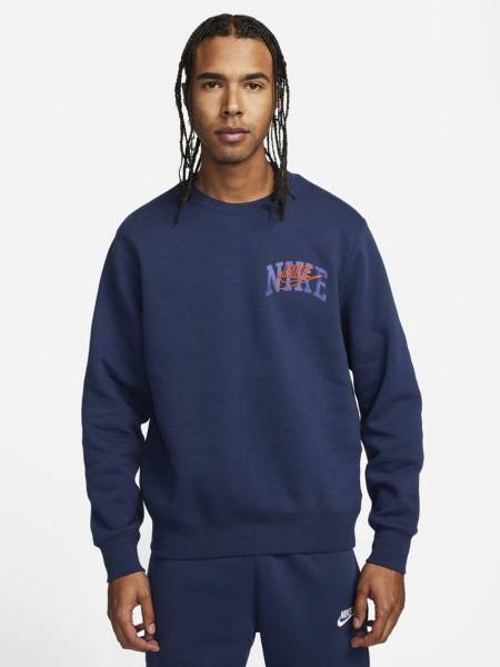 Nike Men's Club Crew Sweatshirt, Midnight Navy / Safety Orange, M