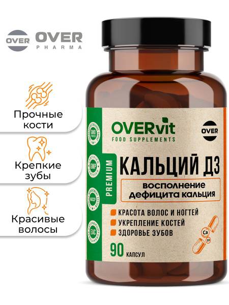 OVER Calcium D3, Calcium Carbonate + Vitamin D3, for Hair and Nail Beauty, Bone Strengthening, Dental Health, 90 Capsules