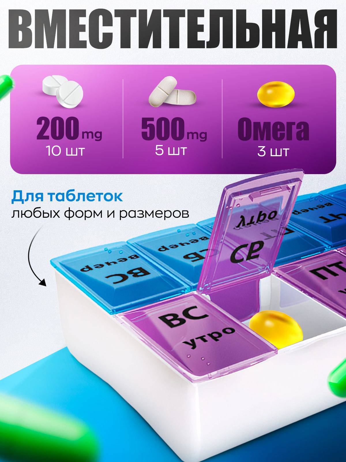 VOIT Weekly 2-Dose Pill Organizer, Blue ABS Plastic #3