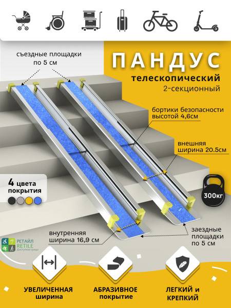 TELESCOP-ANTISLIP 2-Section Ramp 150 cm Blue, Working Length 140 cm + 2 Support Platforms 5 cm