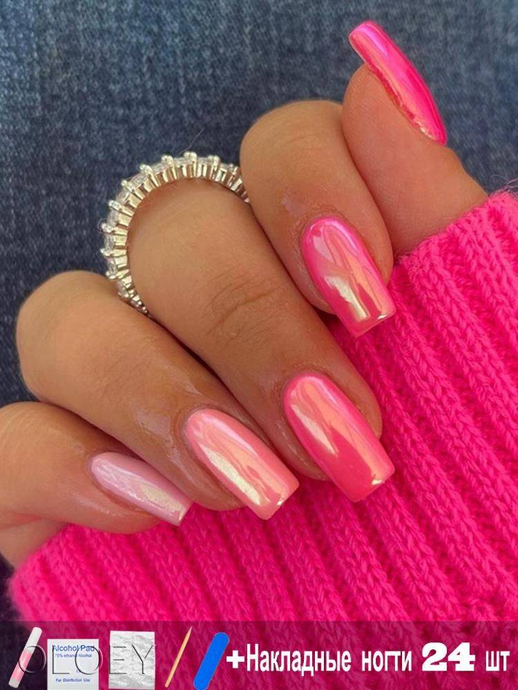 False Nails with Design Pink Glow Pink-Red 24 Pieces