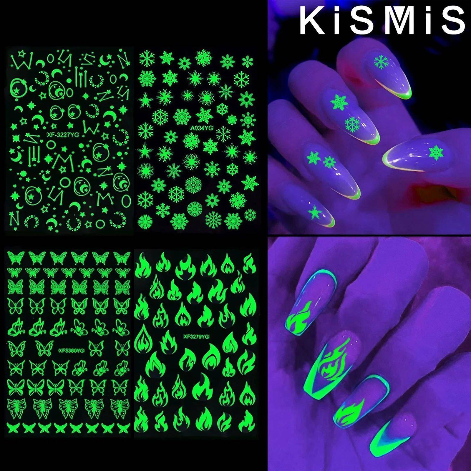 Glow-in-the-Dark Halloween Nail Stickers, Snowflake/Flame/Butterfly, 1 Sheet