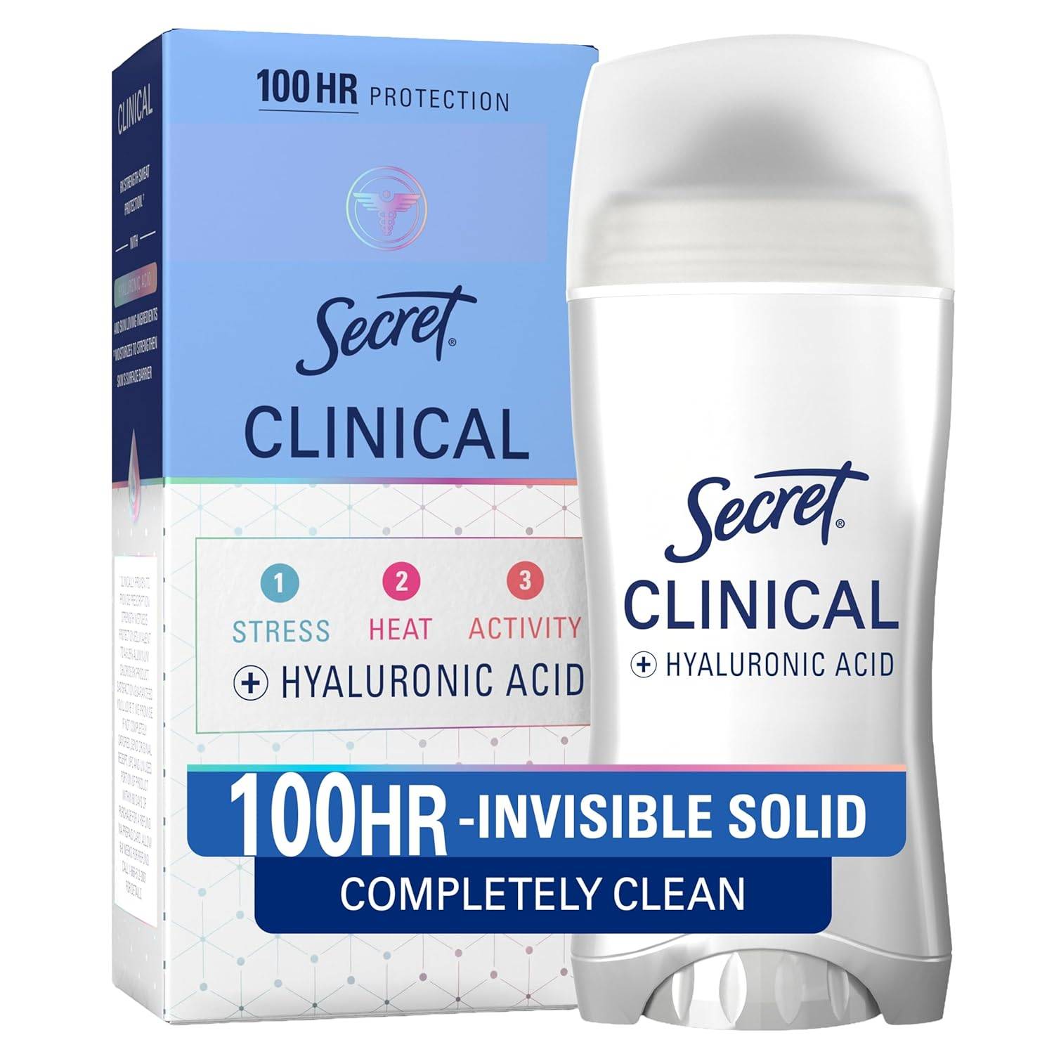 Secret Clinical Strength 100HR Sweat & Odor, Completely Clean Invisbile Solid Antiperspirant Deodorant for Women, 3X Stress Protection with Hyaluronic Acid, PH Balanced, Completely Clean Scent, 2.6 oz