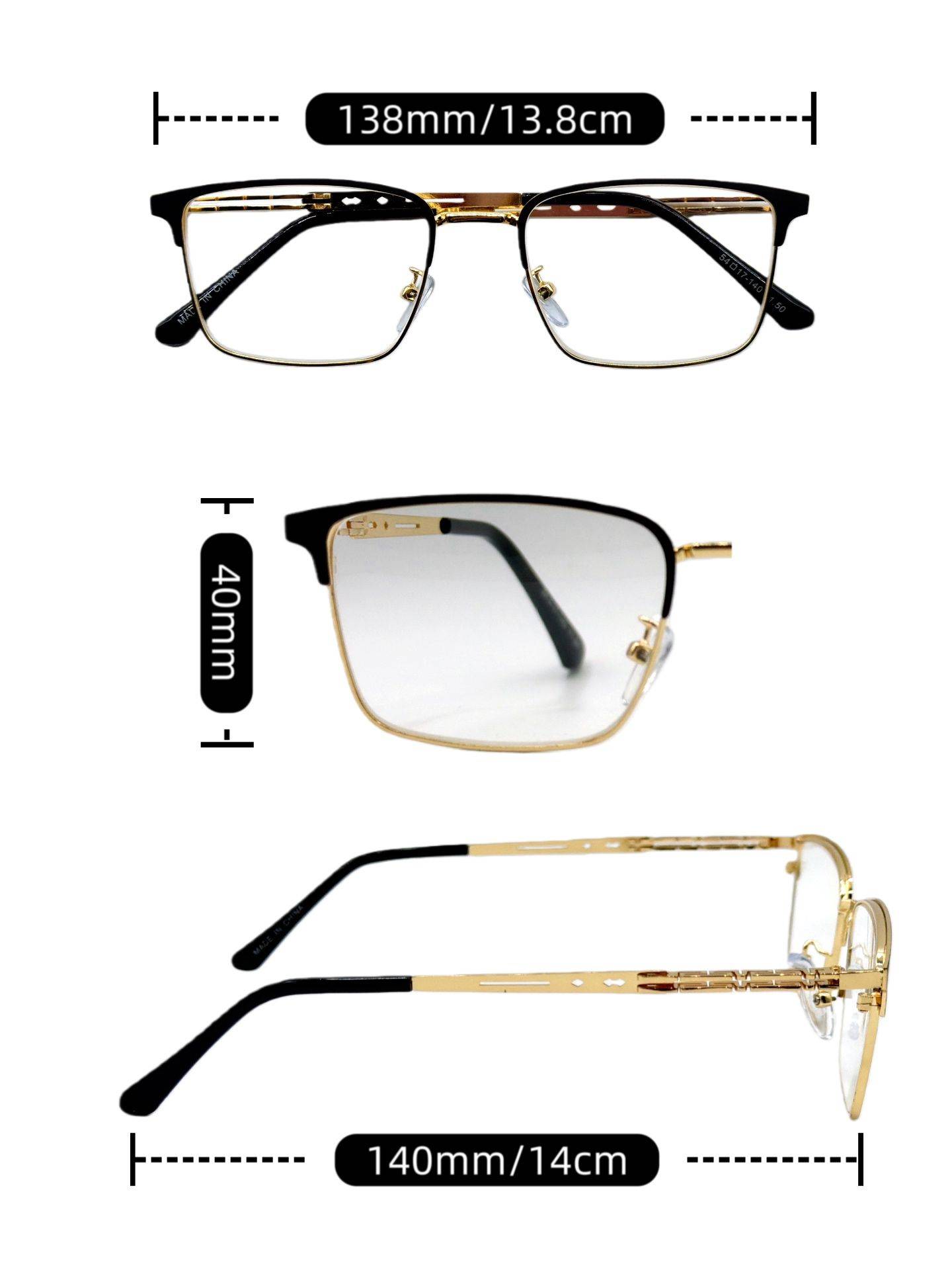 Computer Glasses with Blue Light and UV Protection, +1.0 to +4.0 Correction, Metal Frame with Gold and Black Design #13
