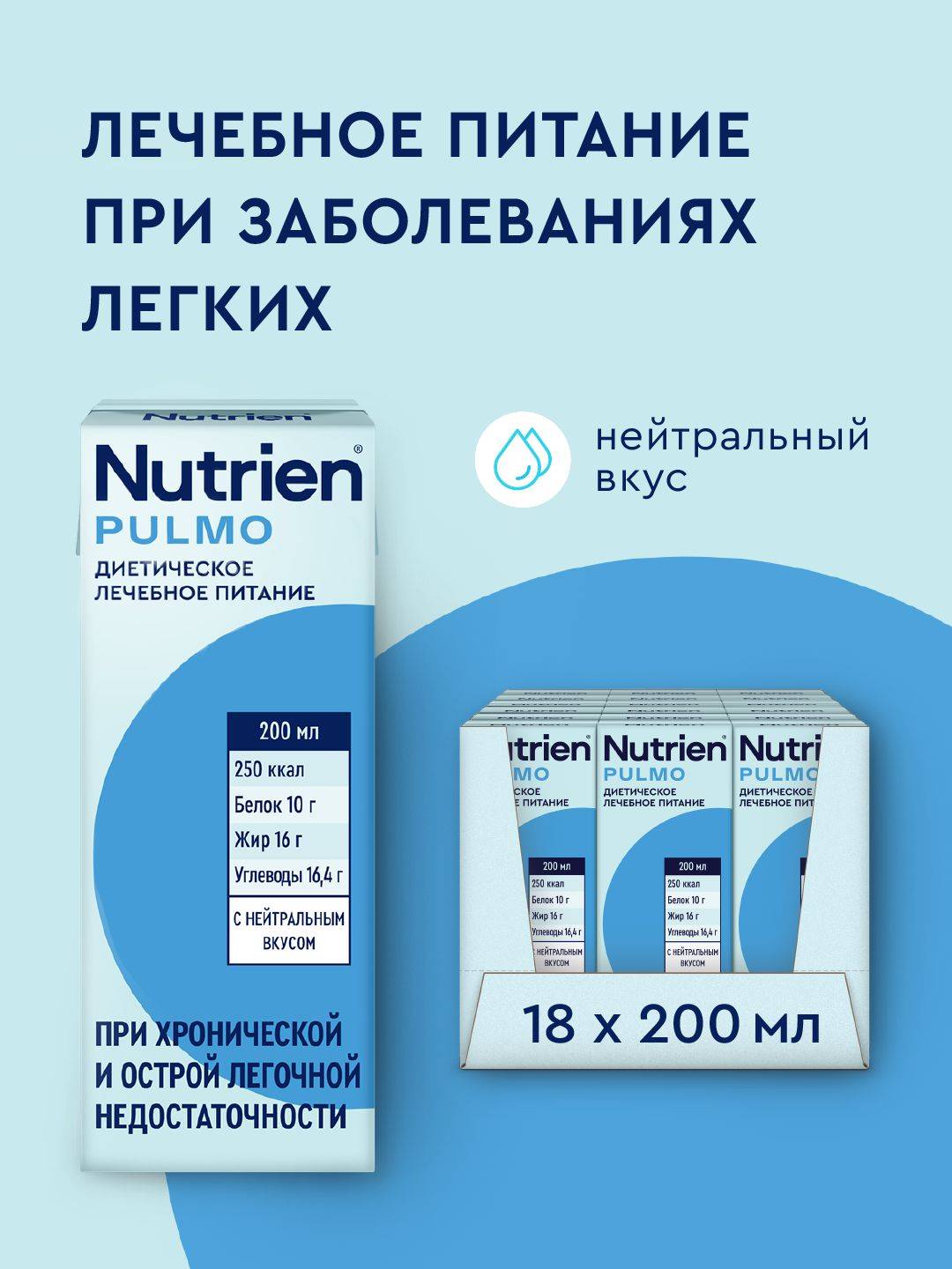 Nutrien Pulmo Enteral Nutrition, Neutral Flavor, 200 ml, 18 Packs