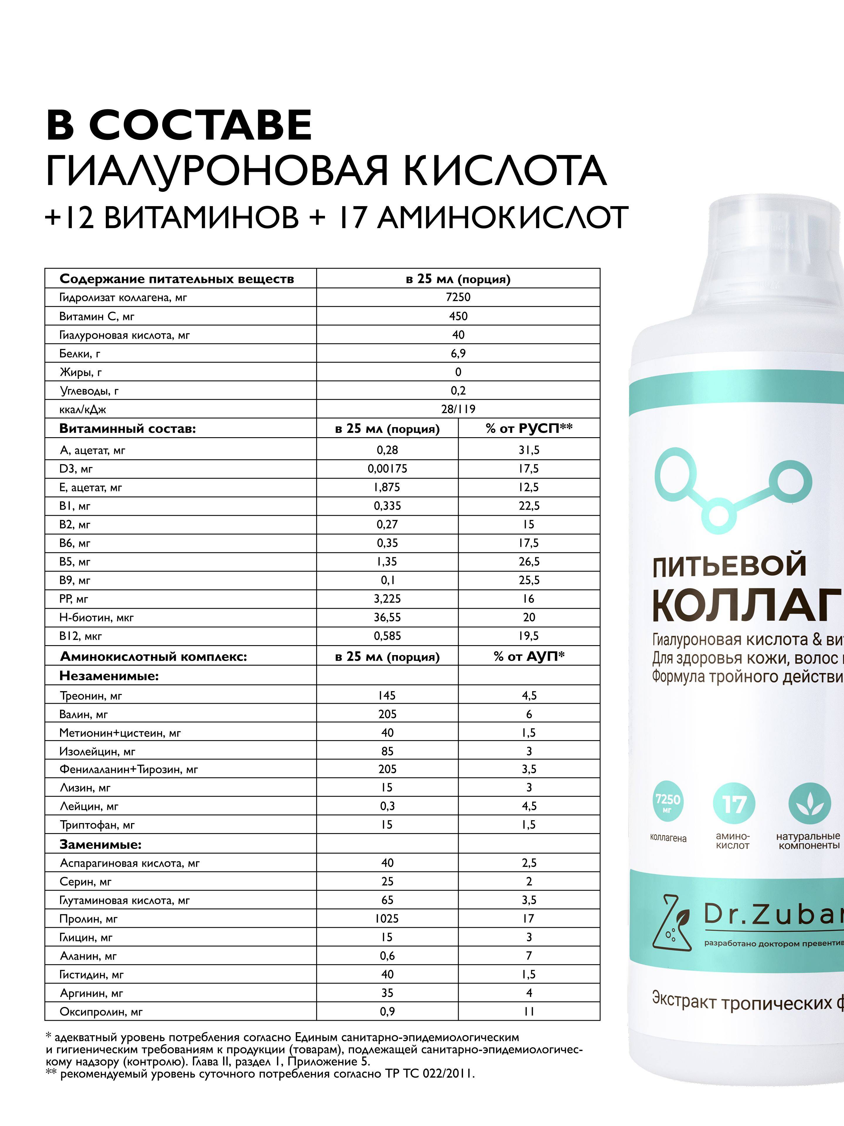 Dr. Zubareva Bovine Liquid Collagen for Joints, Hydrolyzed 7250 mg, 1L, Tropical Flavor #5