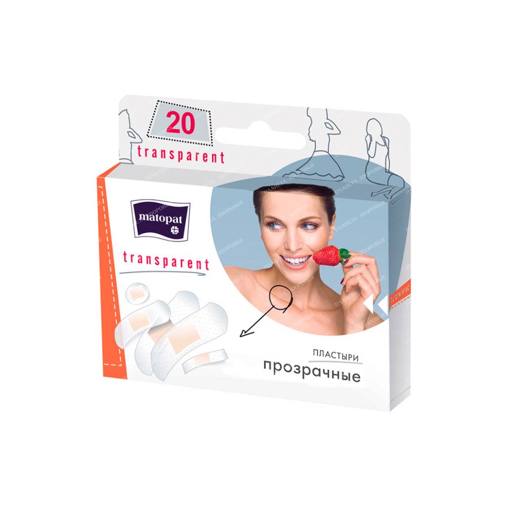 A set of plasters MATOPAT TRANSPARENT 25mm x 76mm - 4pcs, 9mm x 38mm - 4pcs, 19mm x 76mm - 6pcs, 15mm x 58mm - 4pcs; diameter 22mm - 2 pcs.