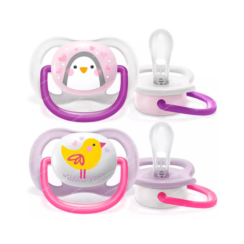 AVENT Orthodontic silicone pacifier with a shield-muzzle and a ring-holder made of polypropylene, with a case made of polypropylene (Ultra Air decor Penguin/Bird) 0-6 months. (pack.2pcs) SCF080/06